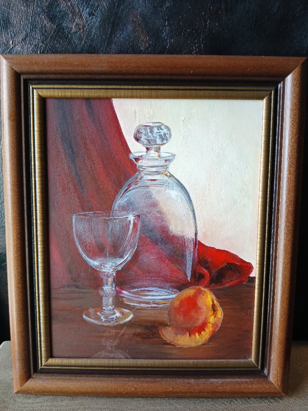 Vintage Still Life Oil Painting, Glass Decanter with Peach, BarCore